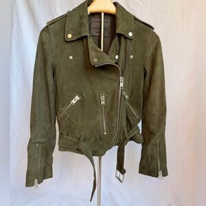 AllSaints Olive Suede Biker Jacket Moto Belted Goat Suede Size US 4 EU 36